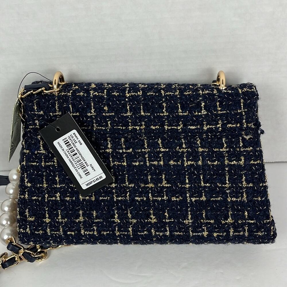 Badgley Mischka Purse Navy Blue Textured Messenger Bag Crossbody Gold Accents - Picture 10 of 11